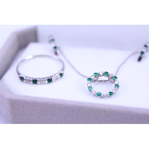 100 - 14ct White Gold Dress Ring set with 4 Emeralds & 3 Diamonds, matching Ear Clips & a Pendent on Chain... 