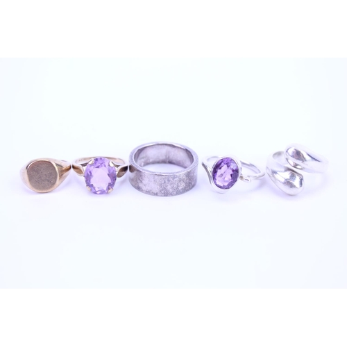 97 - A 9ct Gold Signet Ring, a 9ct Gold Ring set with an Amethyst along with three Silver rings. Gold Wei... 