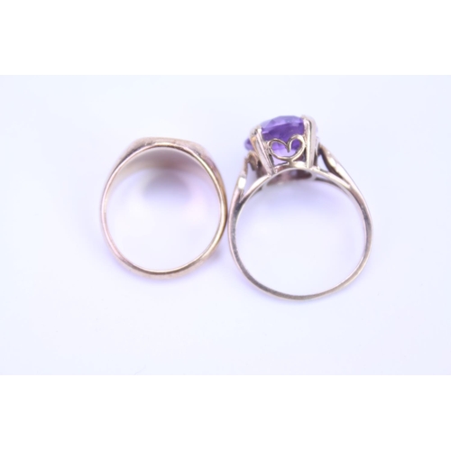 97 - A 9ct Gold Signet Ring, a 9ct Gold Ring set with an Amethyst along with three Silver rings. Gold Wei... 