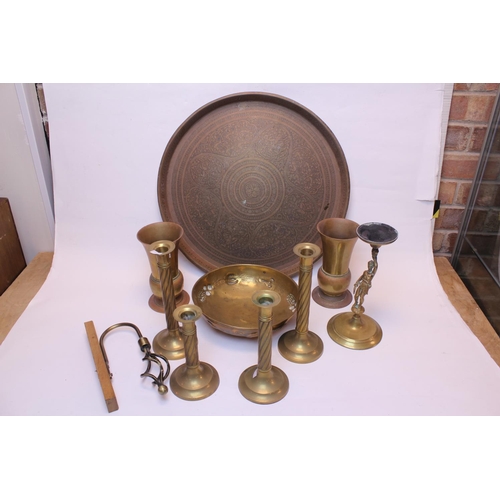 558 - An Indian engraved Tiffin Tray, 4 Candlesticks, a pair of Arts & Crafts Vases & a Tazza.