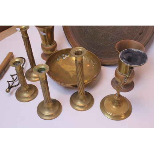 558 - An Indian engraved Tiffin Tray, 4 Candlesticks, a pair of Arts & Crafts Vases & a Tazza.