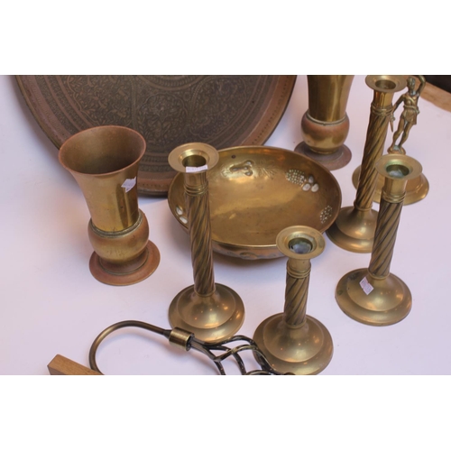 558 - An Indian engraved Tiffin Tray, 4 Candlesticks, a pair of Arts & Crafts Vases & a Tazza.