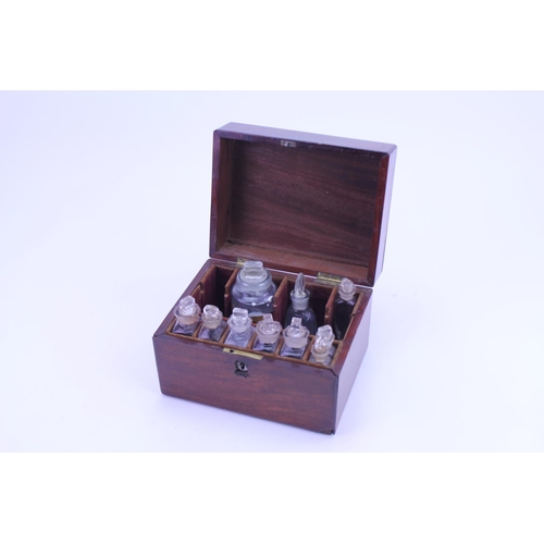 563 - A Victorian Mahogany Cased Pharmaceutical Box with Red Velvet interior, Glass Bottles & Stoppers, Dr... 