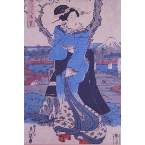 913 - A Japanese Wood Block Print of a Japanese Lady in front of a blossoming tree, paddy fields & Mount F... 