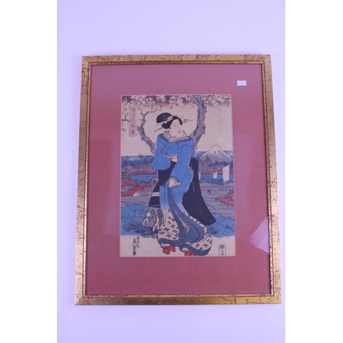 913 - A Japanese Wood Block Print of a Japanese Lady in front of a blossoming tree, paddy fields & Mount F... 