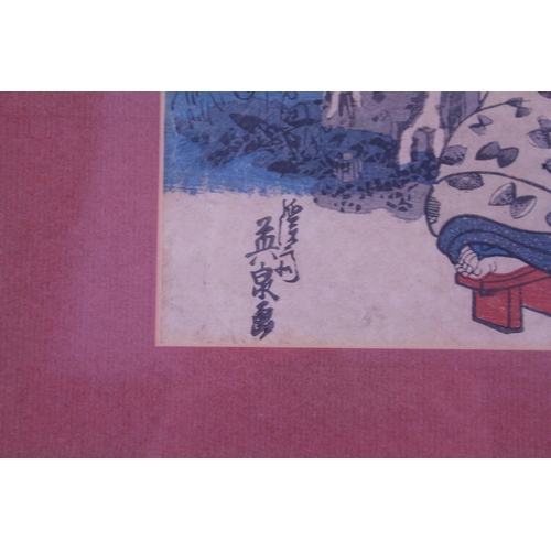 913 - A Japanese Wood Block Print of a Japanese Lady in front of a blossoming tree, paddy fields & Mount F... 