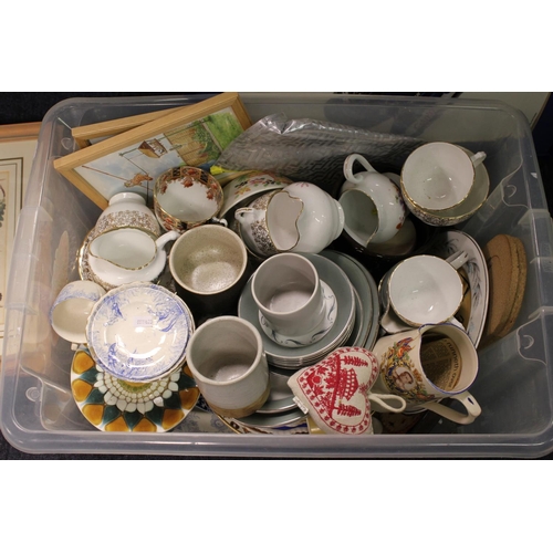 742 - A Large Tub containing various items to include pottery Cups, Plates, Pictures, etc.