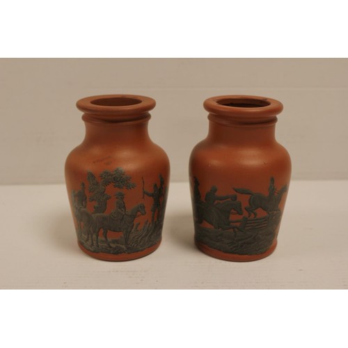 749 - Two Transfer decorated Terracotta Paste Pots decorated with Hunting Scenes by PRATT. Measuring: 10cm... 