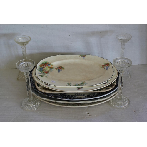 760 - Various Victorian and 1920s Meat Plates and 4 Glass Candlesticks.