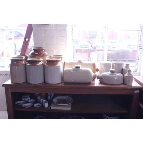 767 - A Collection of Brown Glazed Kitchen Storage Jars, 3 Bed Warmers, etc.