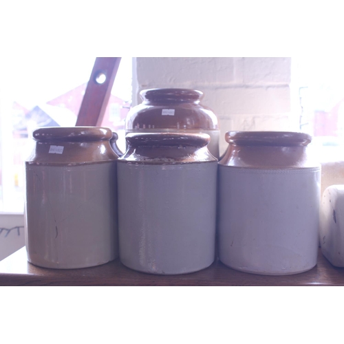 767 - A Collection of Brown Glazed Kitchen Storage Jars, 3 Bed Warmers, etc.