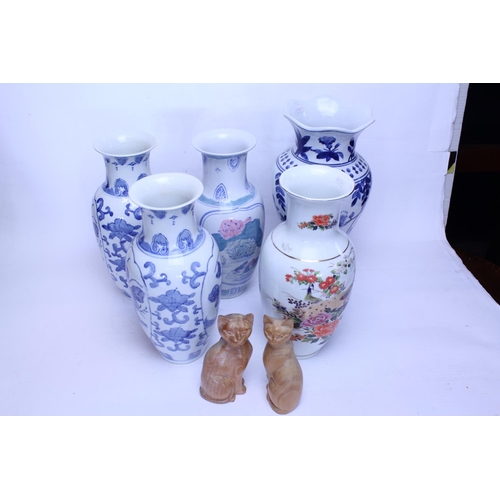 789 - A Pair of Blue & White decorated Vases along with three other vases & two wooden ornaments.