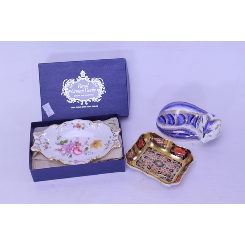 804 - A Royal Crown Derby Study in Blue & Gilt of a Seated Cat & 2 x Royal Derby Pin Dishes.