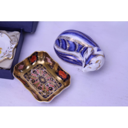 804 - A Royal Crown Derby Study in Blue & Gilt of a Seated Cat & 2 x Royal Derby Pin Dishes.