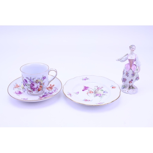 844 - An 18th Century Meissen Cup, Saucer & Side Plate along with a Meissen Figure (AF).