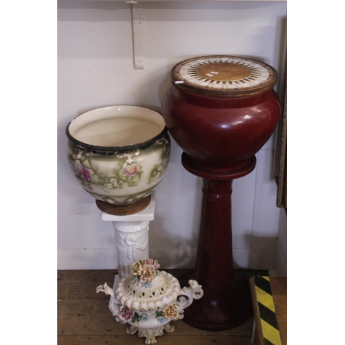 853 - A pottery jardinière along with another jardinière on stand and a vase.