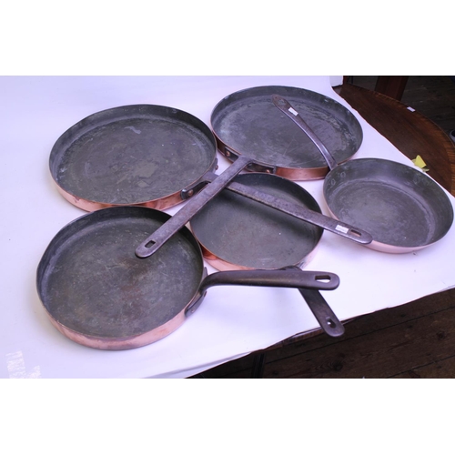 408 - A Graduated Set of Copper & Wrought Iron Handled Frying Pans. (5 in Total).