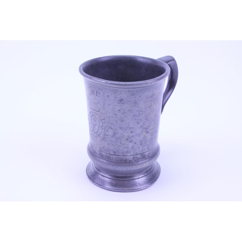 421 - A Cork One Pint Pewter Mug with Touch Mark, Flying Scroll Handle & engraved 