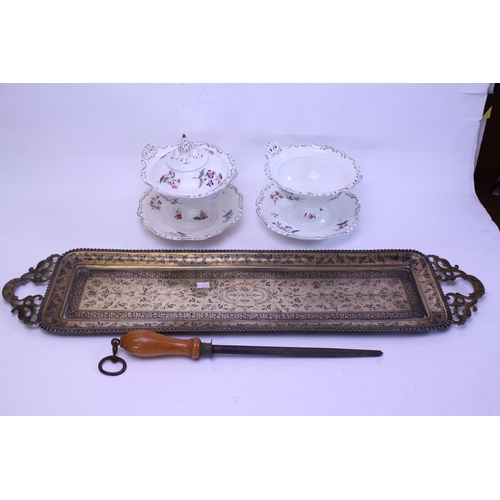 415 - An Indian Benares Brass Tea Tray, a Steel along with a Pair of Old English Sauce Tureens, one missin... 