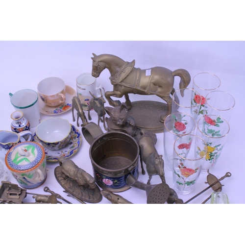 417 - A quantity of Brass to include Horses, Shoes, etc along with Glasses, China, etc.