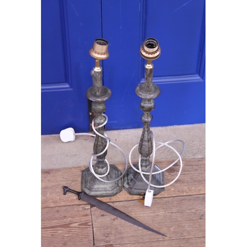 389 - A Pair of Metal Candlestick Lamps along with a Paper Knife.