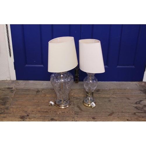 400 - A Pair of engraved Glass Lamps Complete with Shades.