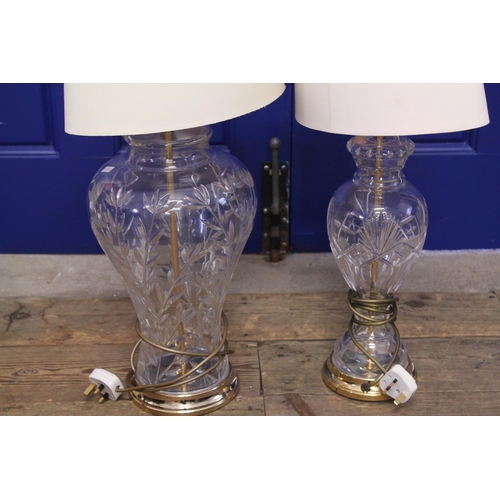 400 - A Pair of engraved Glass Lamps Complete with Shades.