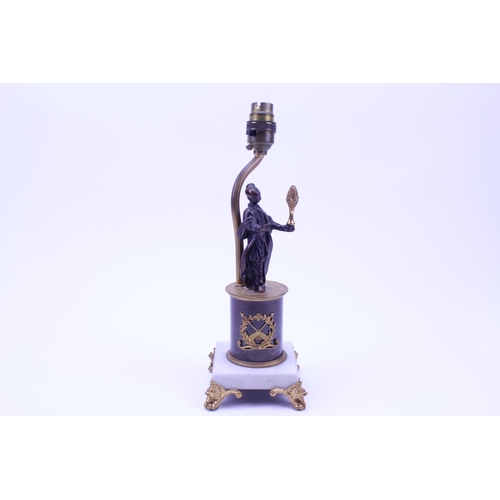 402 - A French Oriental designed Table Lamp decorated with a Chinese Man holding a bouquet of leaves stand... 