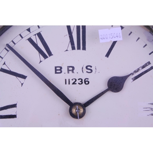 285 - A British Railways B.R.(S) Oak Cased Clock with Brass mechanism, painted dial No: 11236. Measuring: ... 