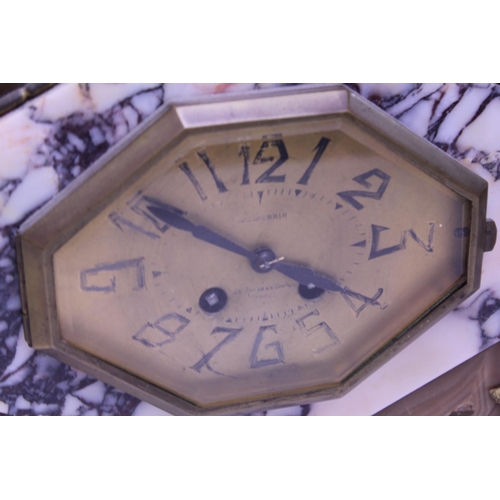 296 - A French Banded Marble & Brecha Metal Mounted Drawing Room Clock with an Octagonal Face, Black Numer... 