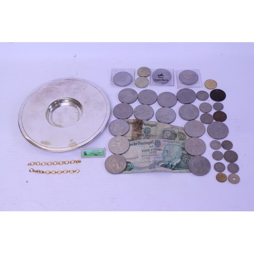 347 - A quantity of English Crowns, Bank Notes, a Silver Plated Tray, etc.