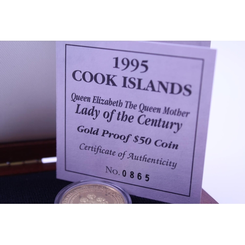 359 - A 14ct 1995 Cook Islands Queen Elizabeth Queen Mother Lady of the century $50 Gold proof coin, numbe... 