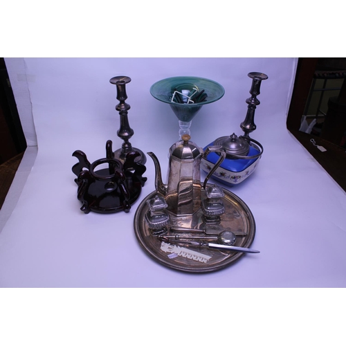 61 - 2 x Candelabra's, Silver Plated Tray, Silver Plated Coffee Pot, Silver Plated Salt & Pepper, Glass V... 