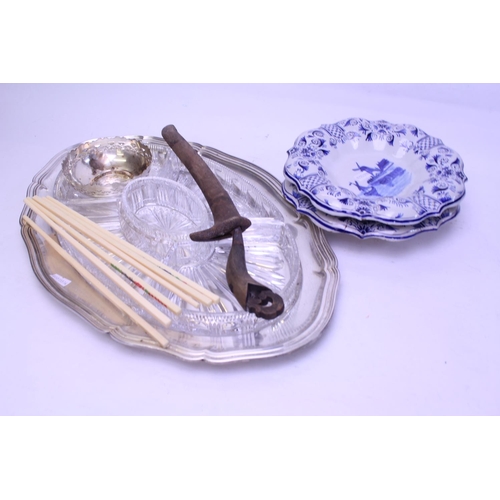 69 - A Silver Plated Hors d'oeuvres Dish, a Malayan Kris, 2 Delft Ware Plates, etc.