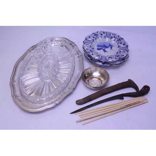 69 - A Silver Plated Hors d'oeuvres Dish, a Malayan Kris, 2 Delft Ware Plates, etc.