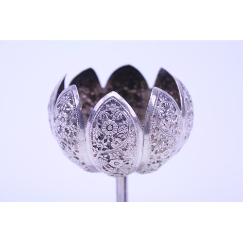 4 - An Indian Silver Fluted Petal & engraved Kulfi Cup on Rose Petal Stand.