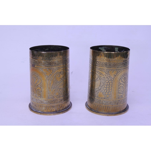 381 - Trench Art - A Pair of engraved Floral decorated Brass 3inch Howitzer Shell Cases.