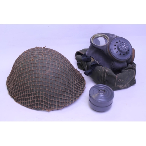 385 - A Green Painted String Covered Helmet in Tin along with a Gas Mask with Cylinder.