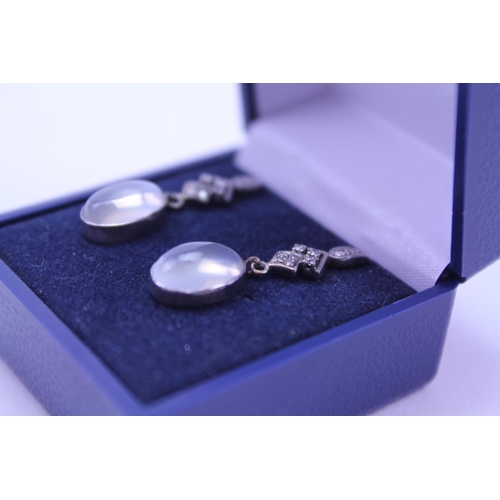 218 - A Pair of Diamond & Moonstone Drop Earrings.