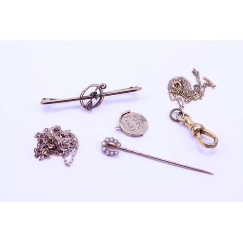 110 - A Gold Tie Pin set in Pearls, Small Gold Brooch, Chain, Charm, Watch Albert Clip, etc.