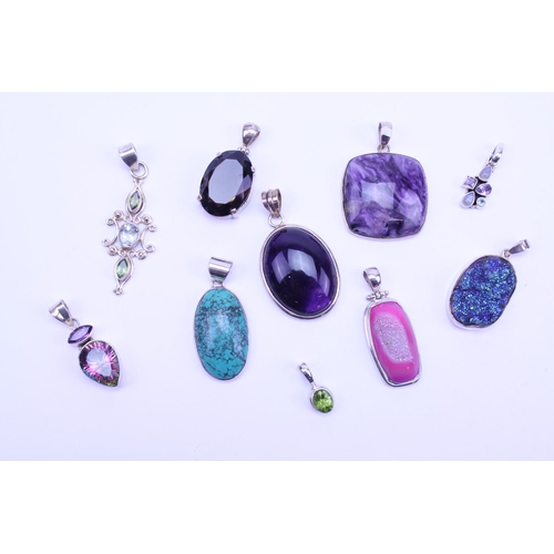 119 - A Collection of Silver Semi Precious Stone Jewellery to include 10 x Pendants, Turquoise, Purple Moh... 