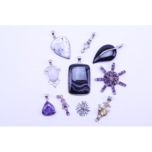 120 - A Collection of Silver Semi Precious Stone Jewellery to include 10 x Pendants, Amethyst, Dendrite, M... 