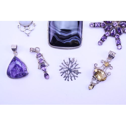 120 - A Collection of Silver Semi Precious Stone Jewellery to include 10 x Pendants, Amethyst, Dendrite, M... 