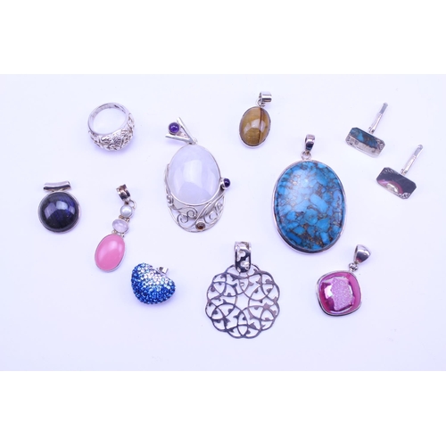 121 - A Collection of Silver Semi Precious Stone Jewellery to include 8 x Pendants, Silver Cufflinks, Silv... 