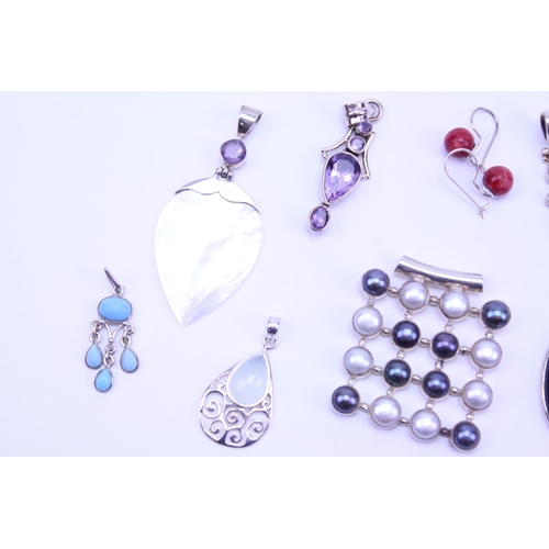 123 - A Collection of Silver Semi Precious Stone Jewellery to include 9 x Pendants, Set of Earrings, Ring,... 