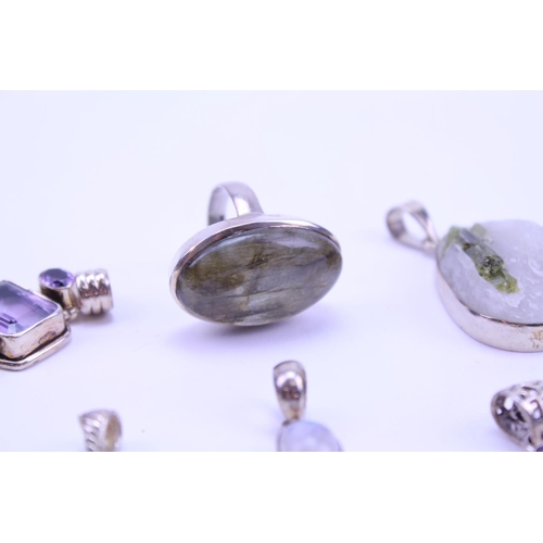 124 - A Collection of Silver Semi Precious Stone Jewellery to include 8 x Pendants, 2 x Rings, Amethyst, L... 