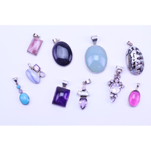 126 - A Collection of Silver Semi Precious Stone Jewellery to include 10 x Pendants, Aquamarine, Amethyst,... 