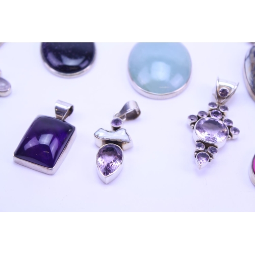 126 - A Collection of Silver Semi Precious Stone Jewellery to include 10 x Pendants, Aquamarine, Amethyst,... 