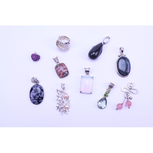 127 - A Collection of Silver Semi Precious Stone Jewellery to include 9 x Pendants, 1 x Ring, Labradorite,... 