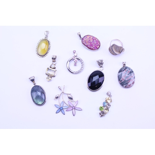 128 - A Collection of Silver Semi Precious Stone Jewellery to include 9 x Pendants, 1 x Ring, Onyx, Jasper... 